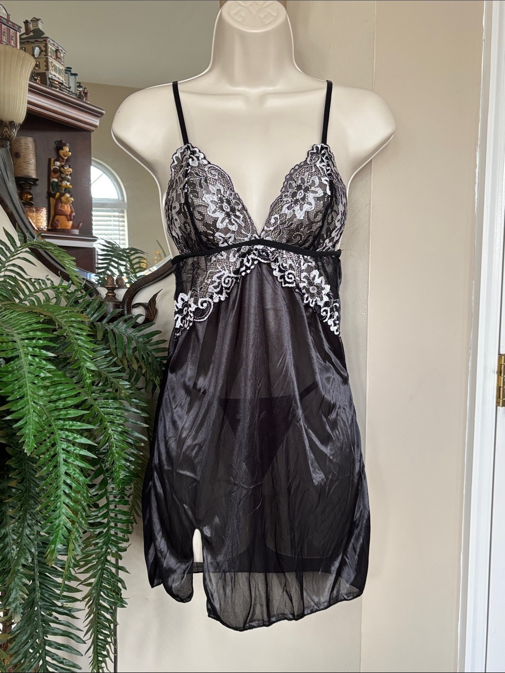 Brand New Black Metallic White Lace Sheer Chemise Slip Lingerie Sexy G-String